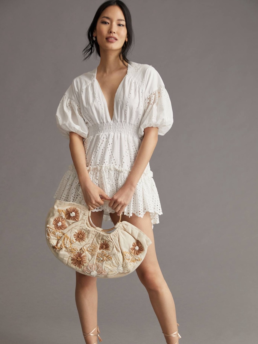 MISA Los Angeles Seven White Eyelet Puff Sleeve Mini Dress XS